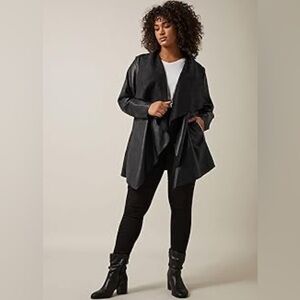 Elegant Black Women's Drape Faux Leather Trench Coat